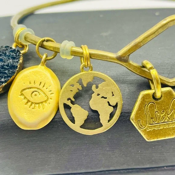Sseko Vintage Brass and Black Charm Bracelet. Globe, Eye, and Druzy Teardrop - Picture 3 of 8